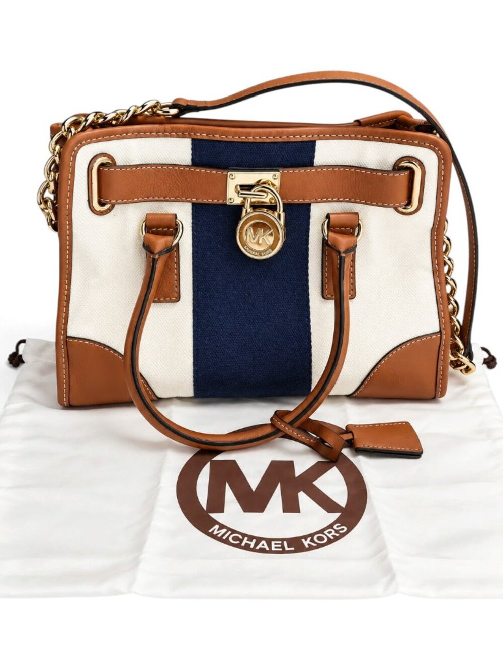 Michael Kors Hamilton East West Satchel Stripe Old Money Cream Navy Cognac - Picture 4 of 17